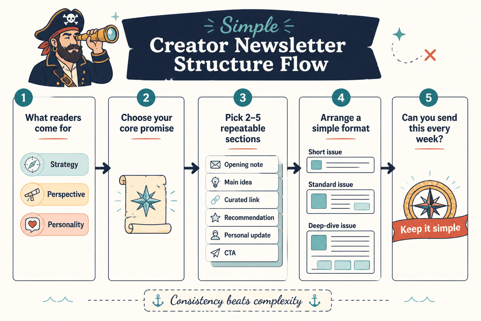 Simple creator newsletter format flow from positioning to repeatable sections