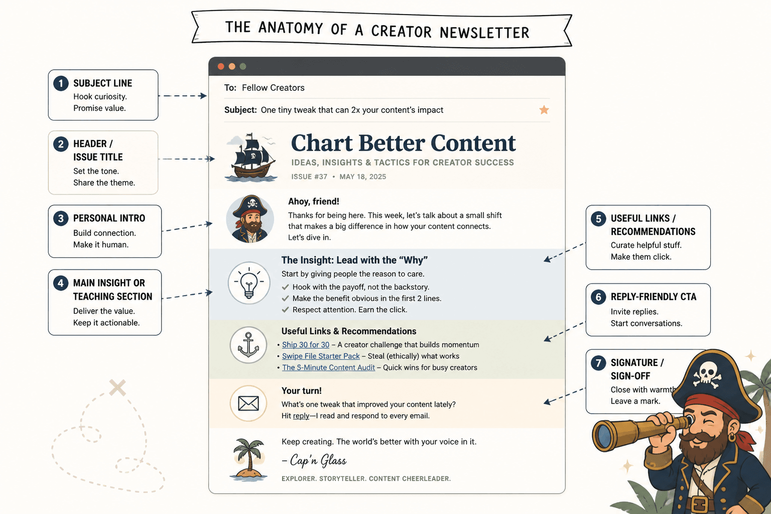 Mock newsletter layout with labeled sections