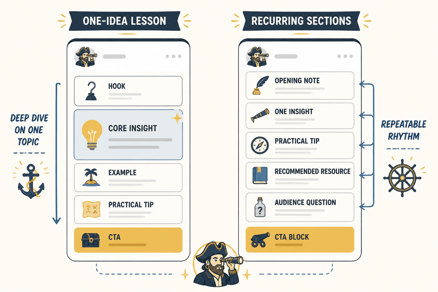 Two newsletter issue wireframes comparing a one-idea lesson format with recurring sections