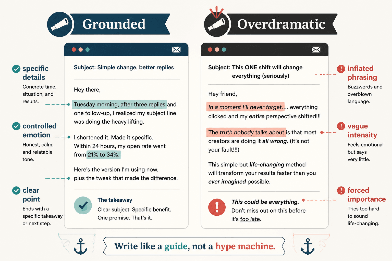 Mock newsletter showing grounded story tone versus overdramatic story tone.