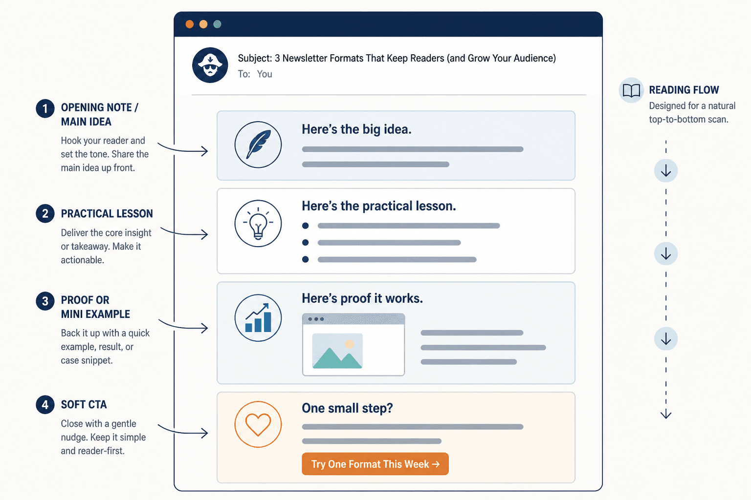 Wireframe of a newsletter with opening note, main lesson, proof example, and soft CTA blocks.