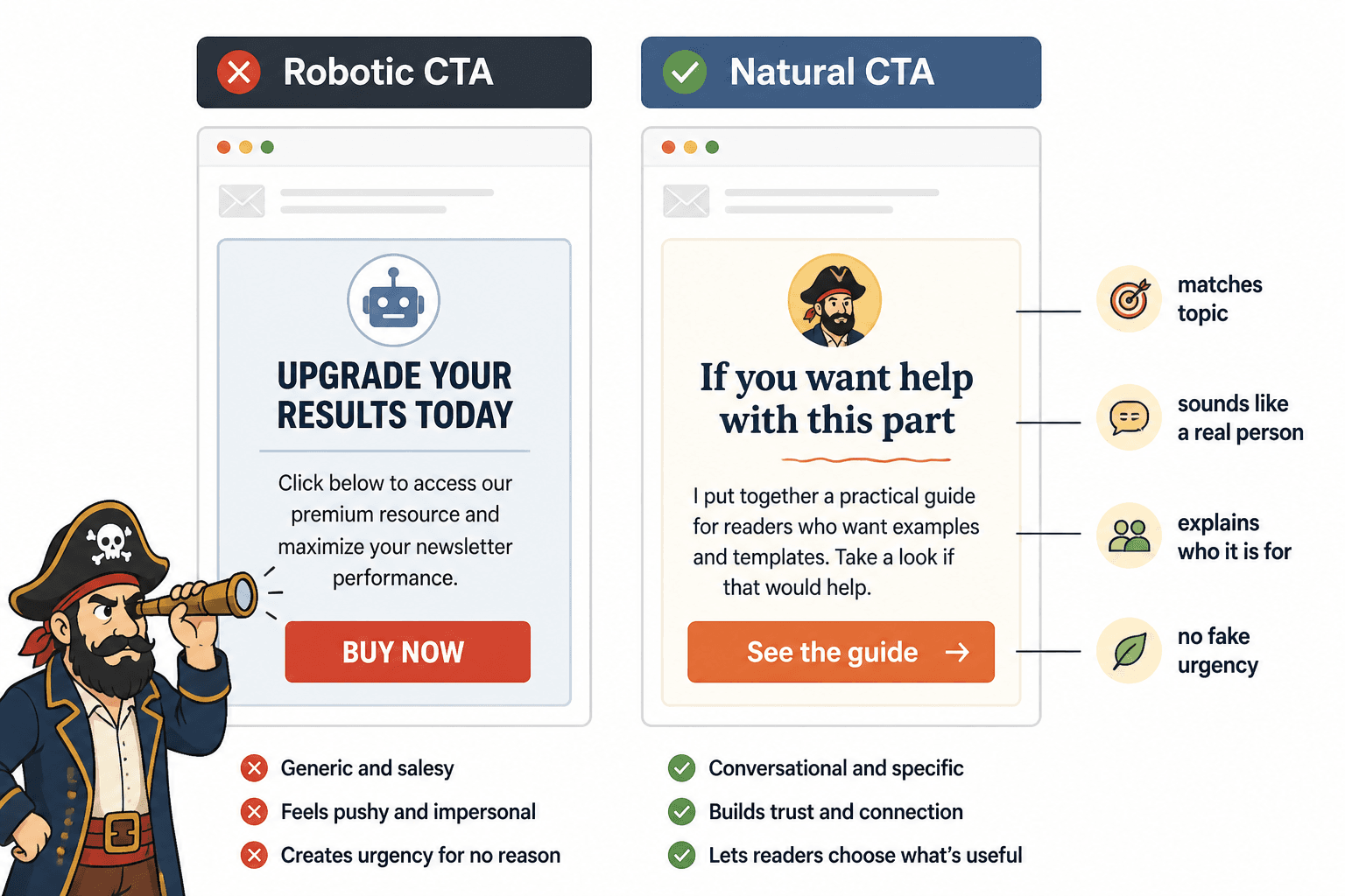Side-by-side CTA blocks showing robotic copy versus natural, conversational copy.