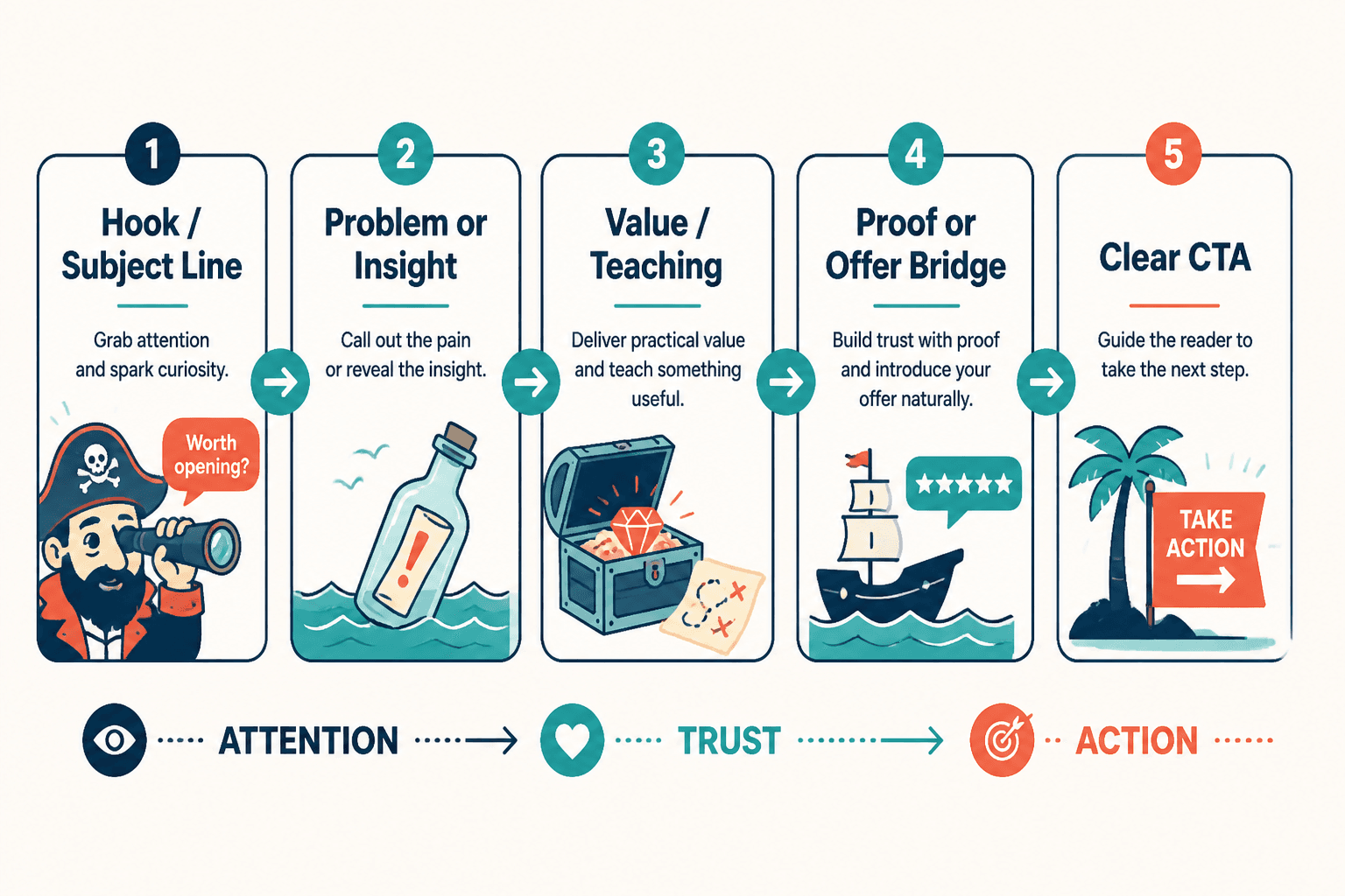 Newsletter flow from hook to trust to CTA