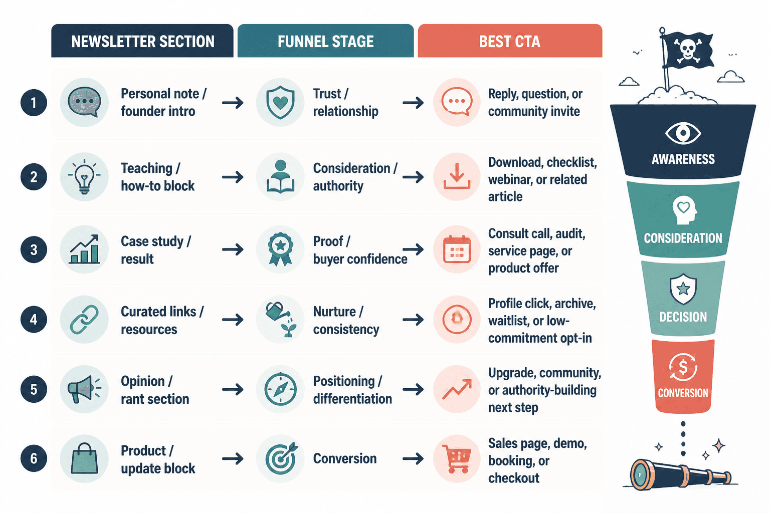 Diagram mapping newsletter sections to funnel stages and matching CTAs