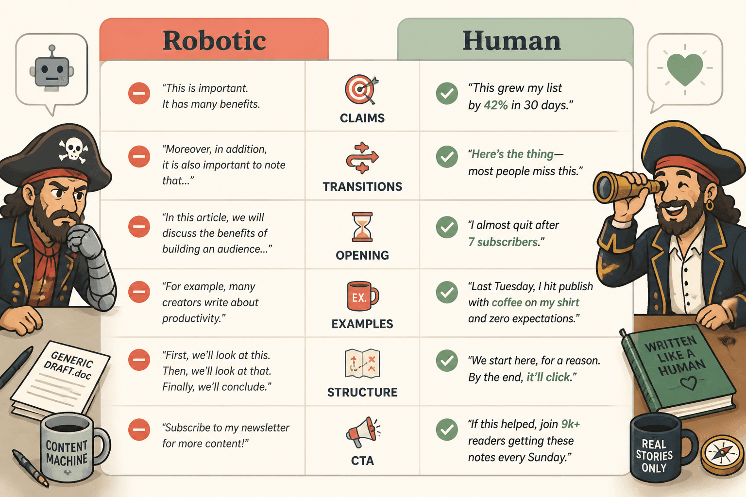 Side-by-side comparison of robotic and human Substack writing traits