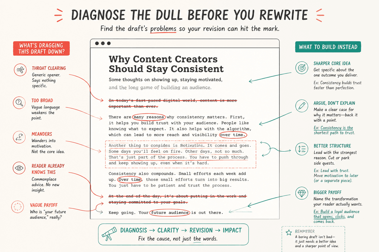 Annotated Substack draft showing weak lines to cut and stronger rewrite notes in the margin