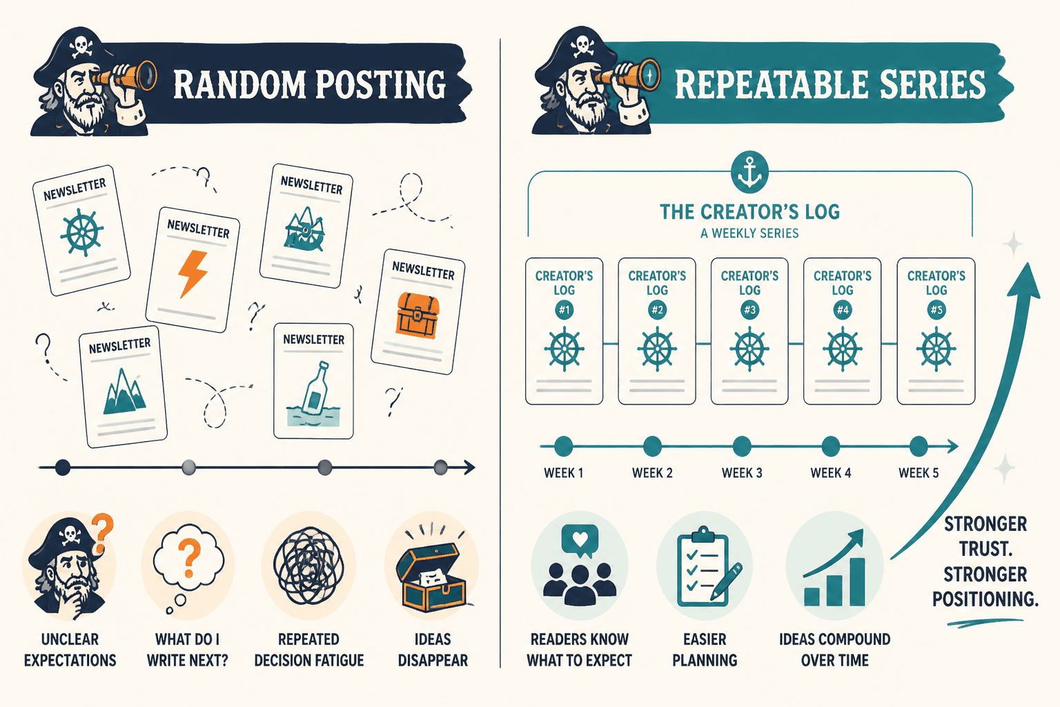 Comparison of random one-off posts versus a consistent newsletter series