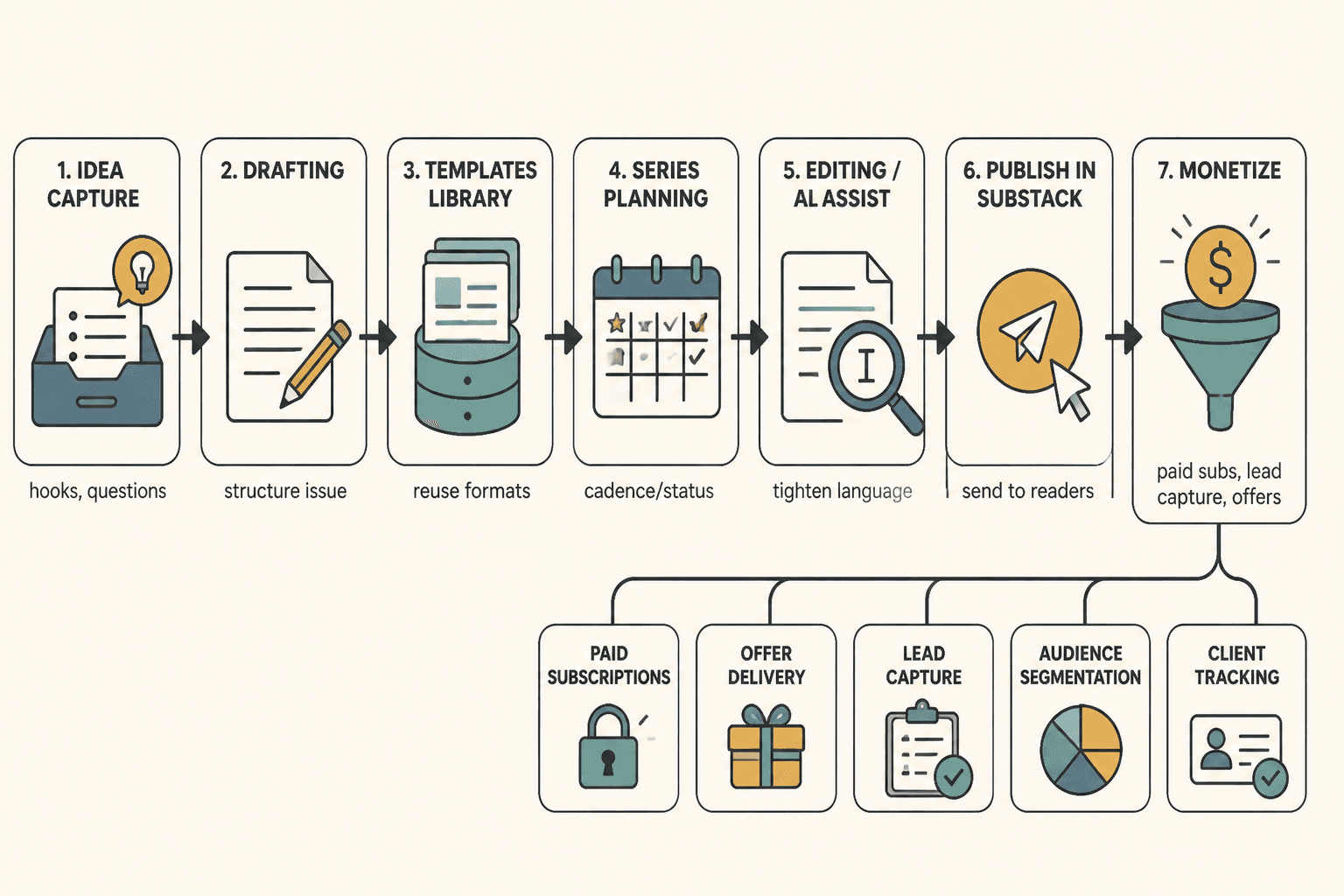 Workflow map from idea capture to publishing and monetization for a Substack newsletter