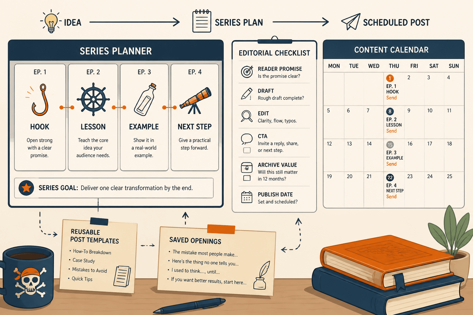 Simple editorial workflow mockup for planning a Substack series