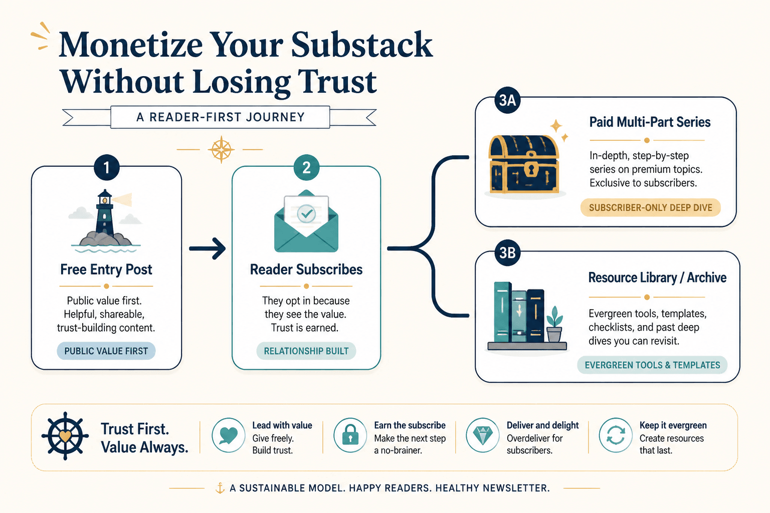 Flowchart showing a free post leading to a paid series and resource library
