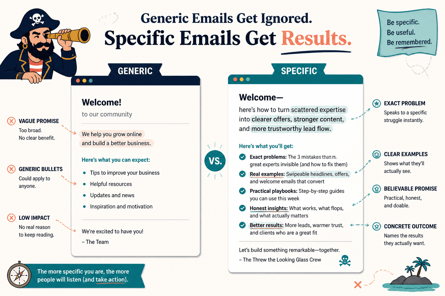 Side-by-side welcome email example showing generic copy versus specific copy