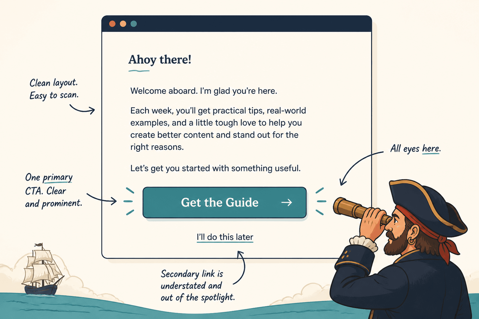 Mock welcome email with one standout CTA button and minimal secondary link