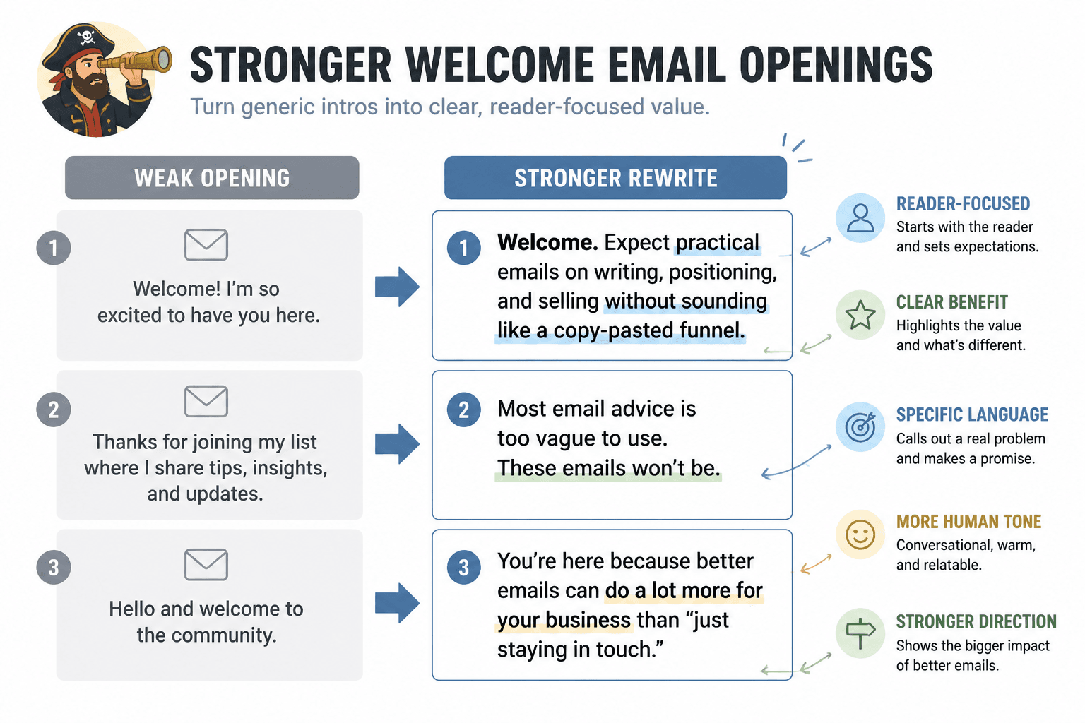 Annotated before-and-after welcome email opening rewrites