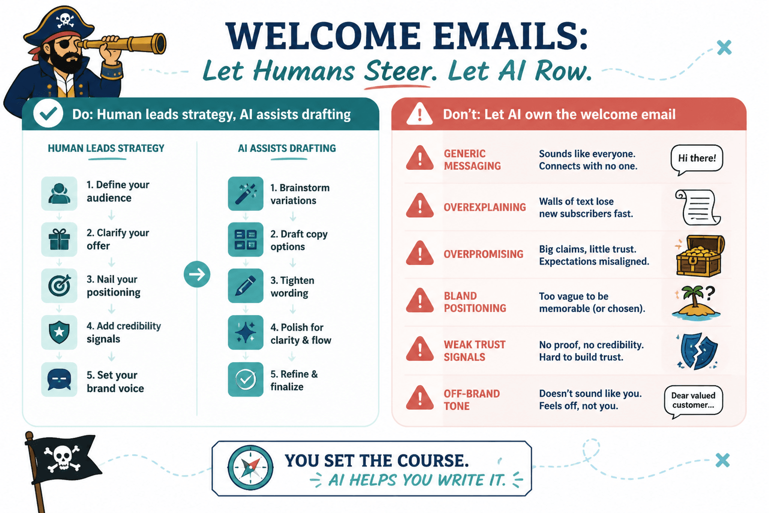 Do and don’t diagram showing human strategy versus AI drafting in welcome emails