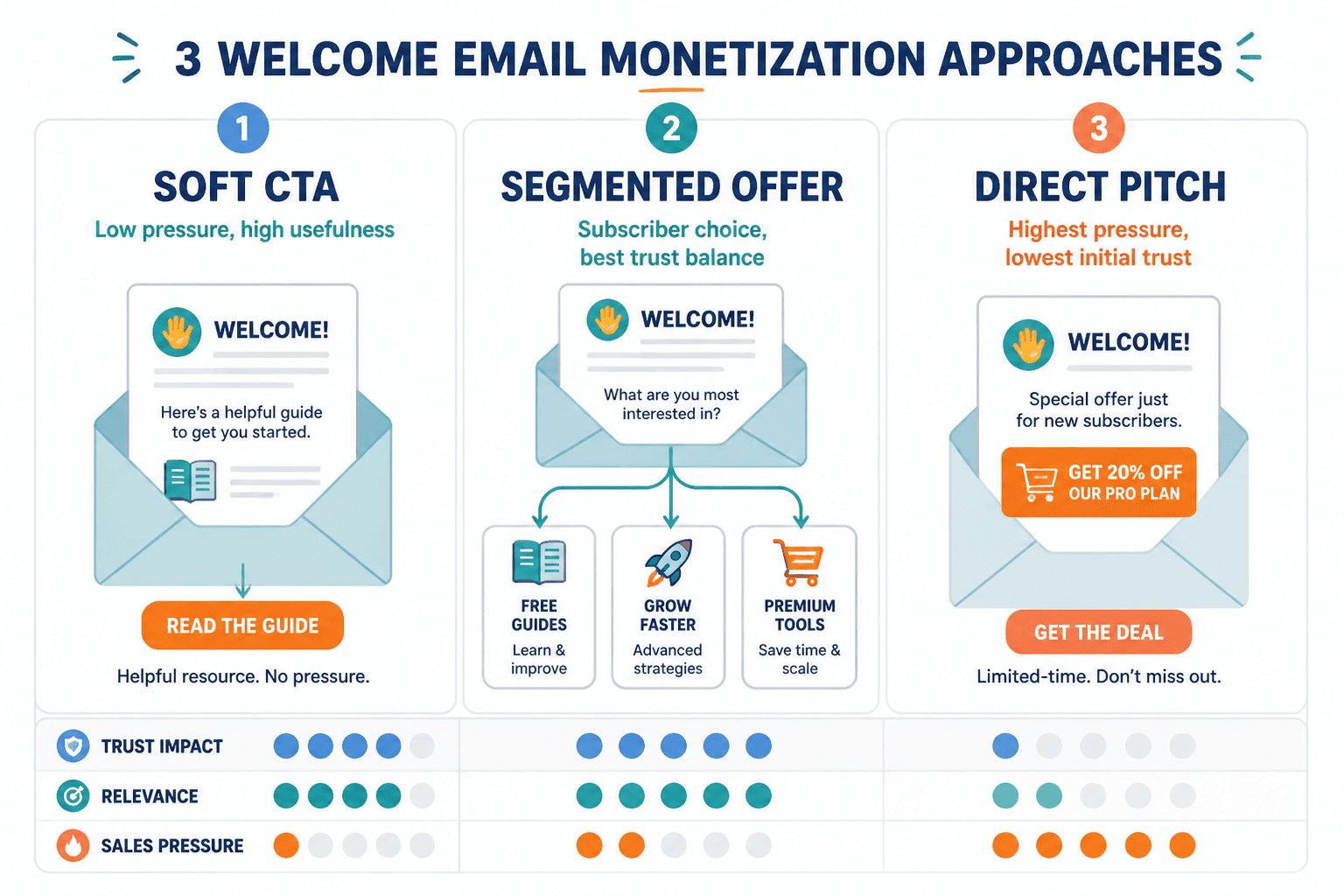 Comparison of three welcome email monetization approaches by trust and conversion pressure