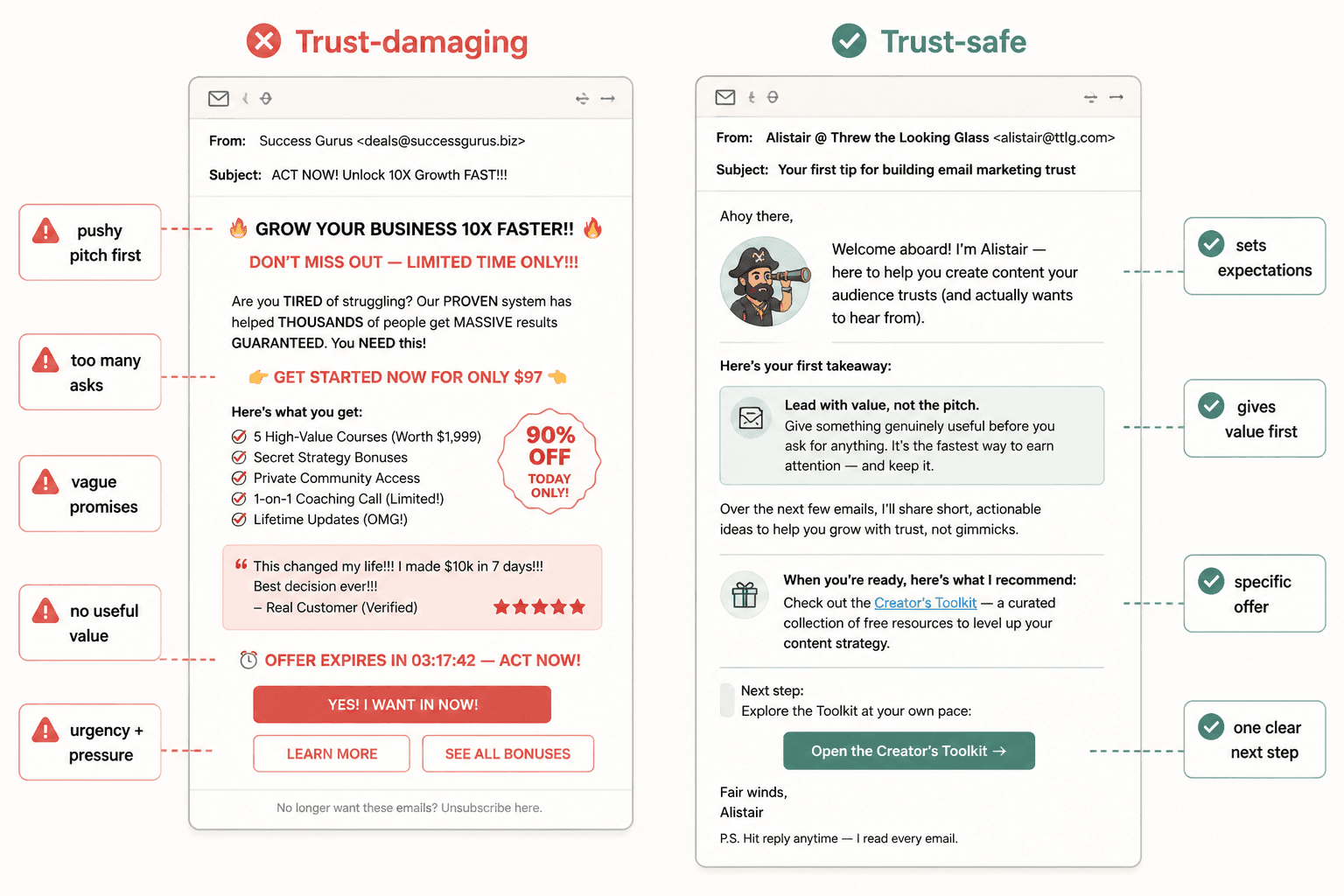 Side-by-side welcome emails showing trust-damaging vs trust-safe monetization