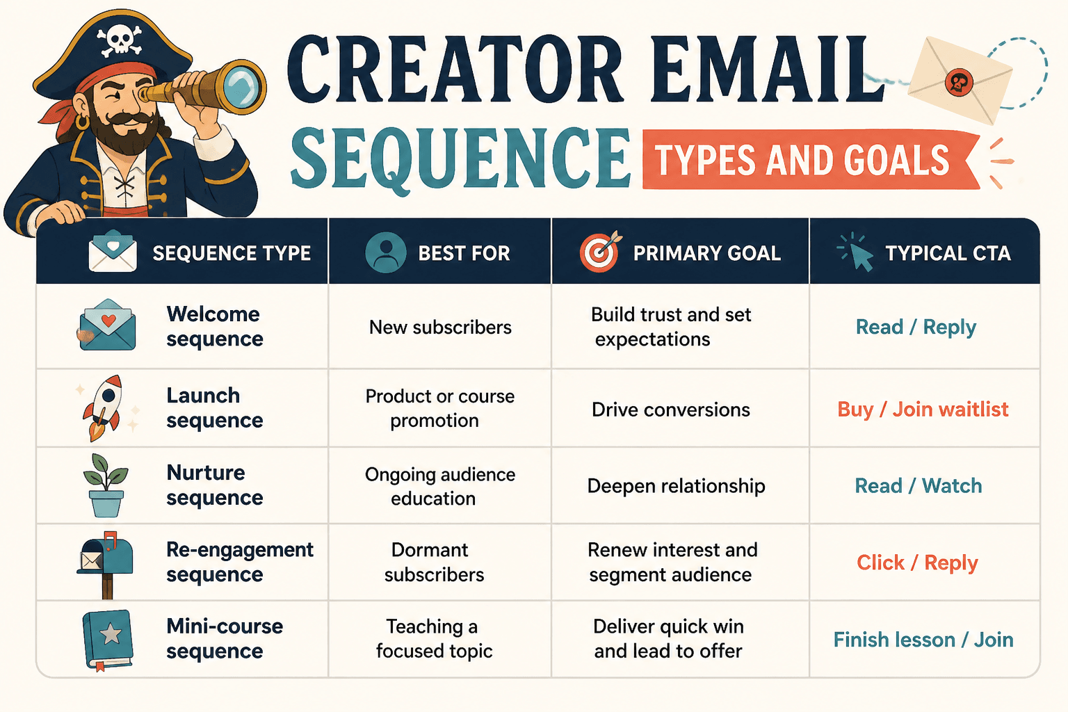 Mock table of creator email sequence types and their goals