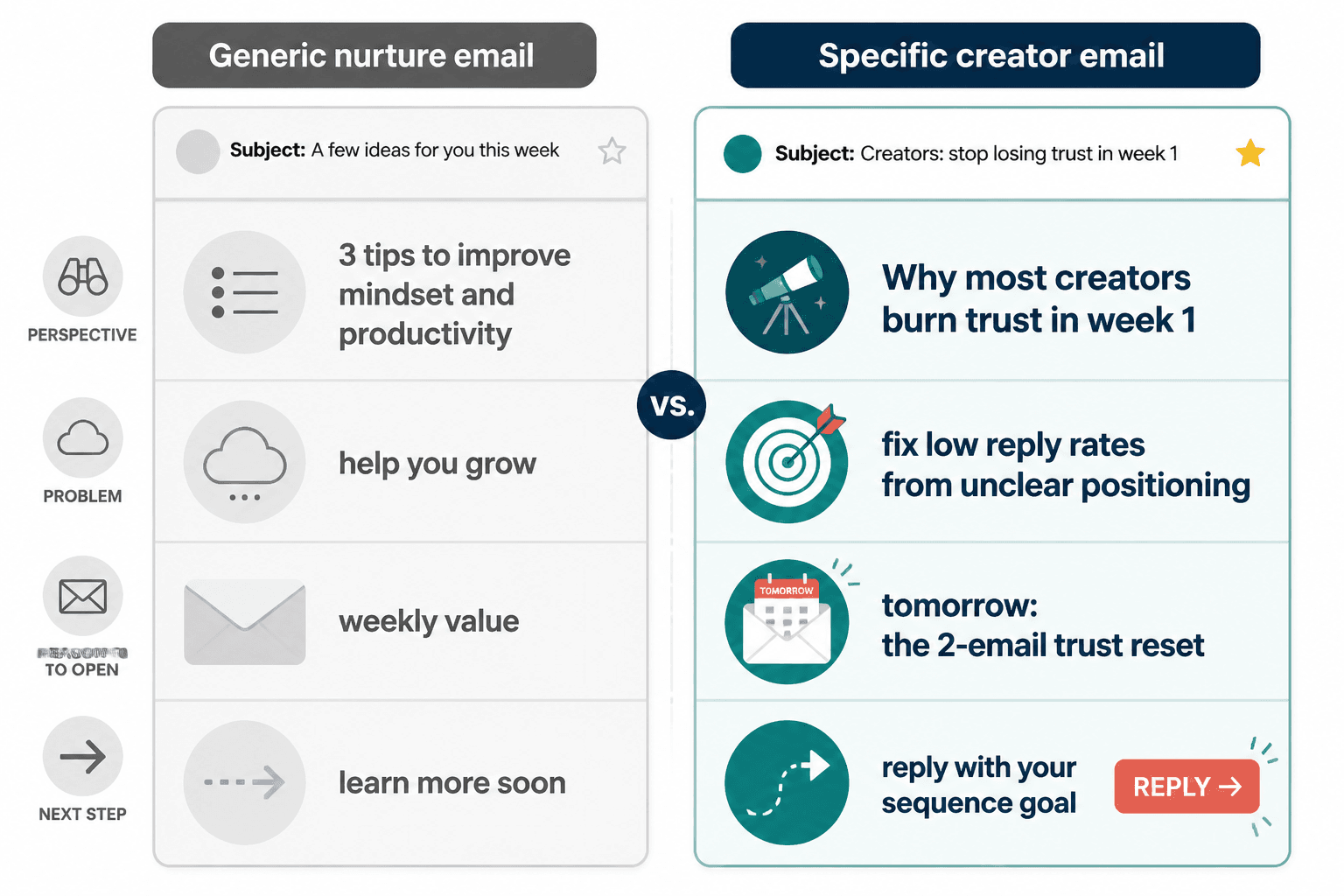 Side-by-side comparison of generic nurture emails versus specific creator emails