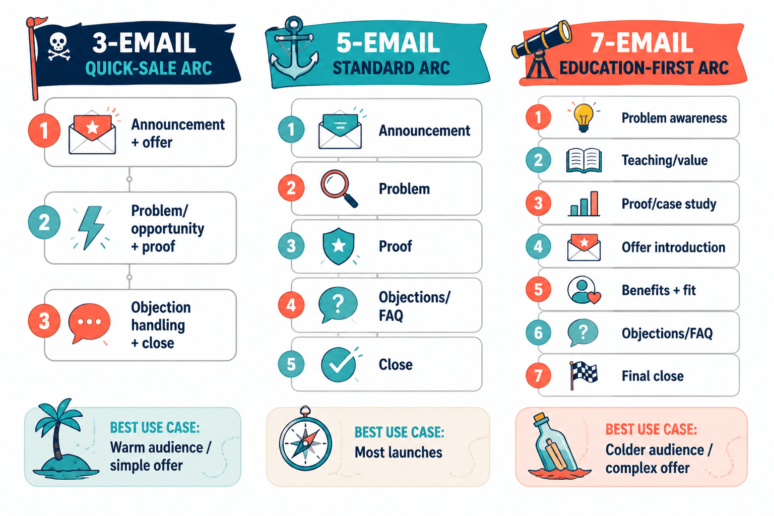 Comparison chart of three creator sales email sequence arcs