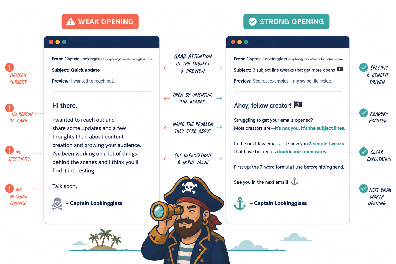 Side-by-side comparison of weak and strong email sequence openings