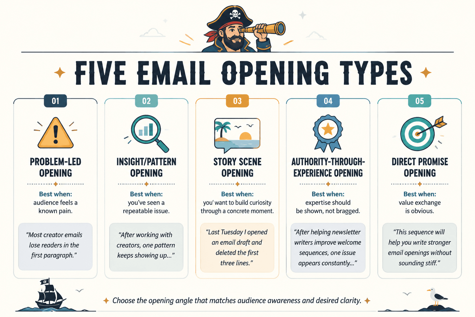 Diagram comparing five creator email opening types and when to use each