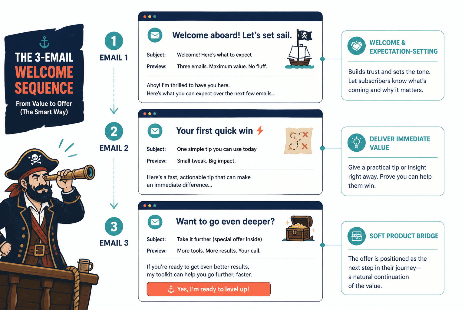 Annotated mockup of a three-email sequence showing welcome, quick-win, and product-bridge emails