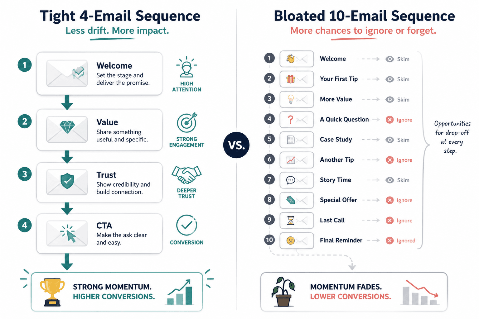 Comparison of a focused 4-email sequence and a bloated 10-email sequence