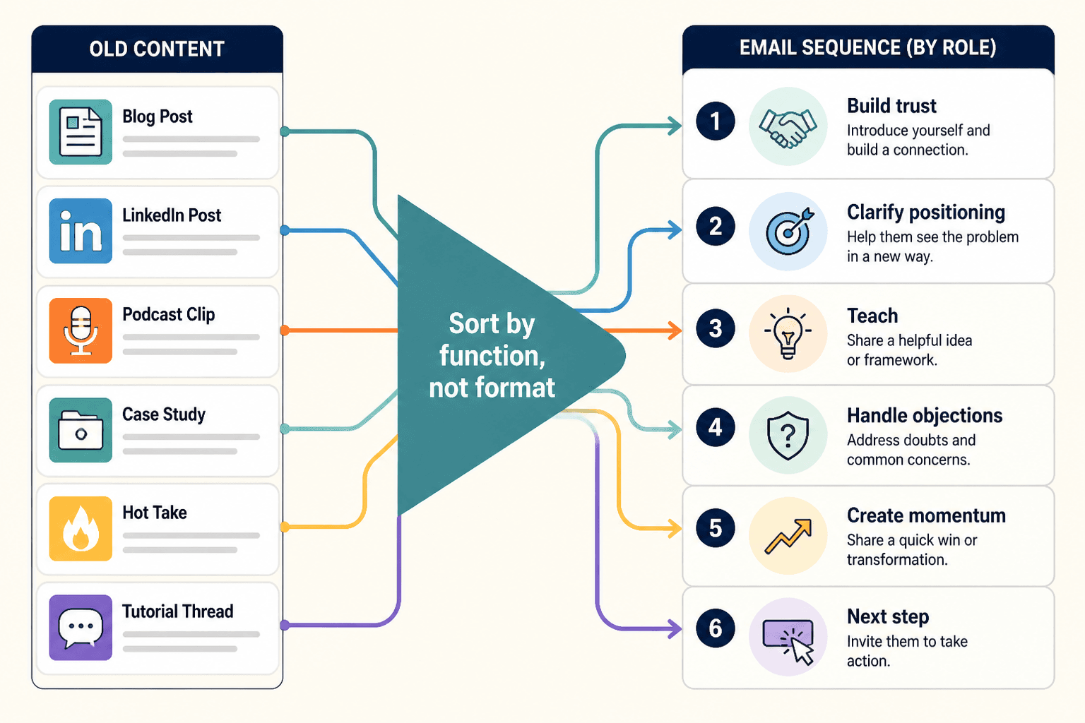Diagram mapping old content pieces into roles within an email sequence