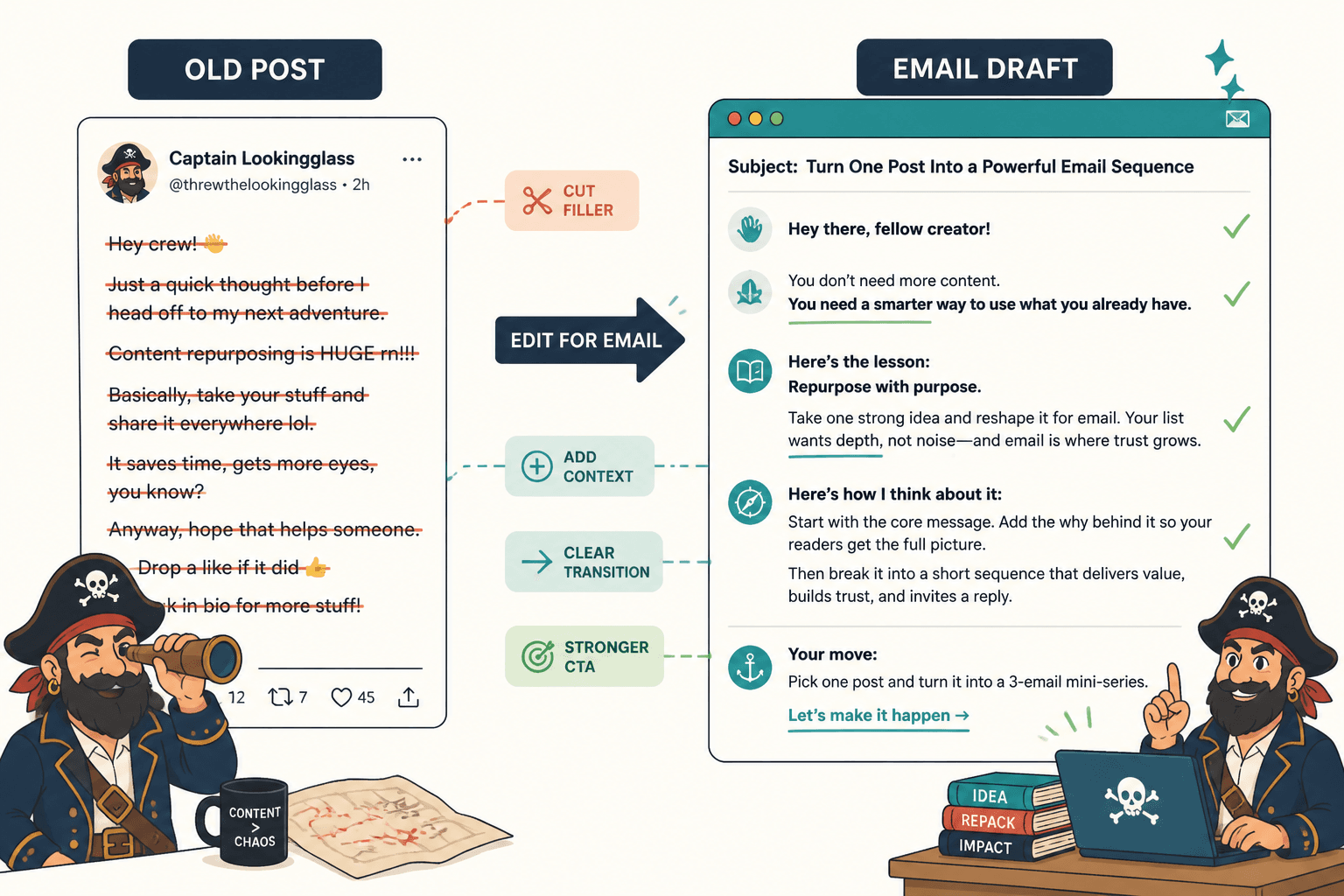 Side-by-side example of a social post rewritten into a cleaner email draft