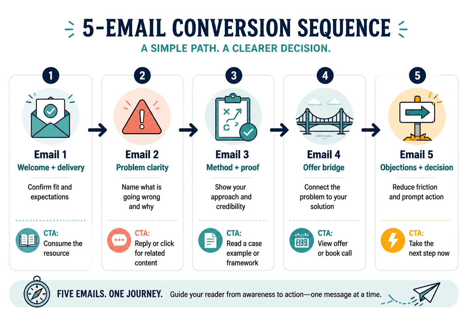 Flowchart of a five-email conversion sequence from welcome to decision