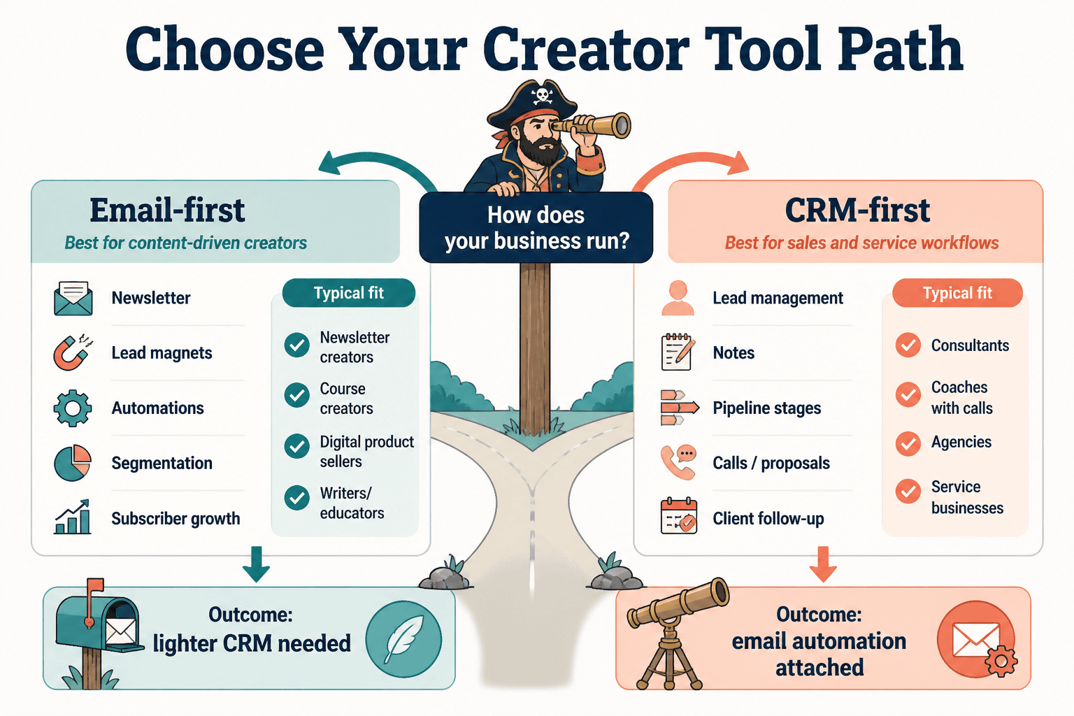 Simple map showing email-first and CRM-first creator tool paths