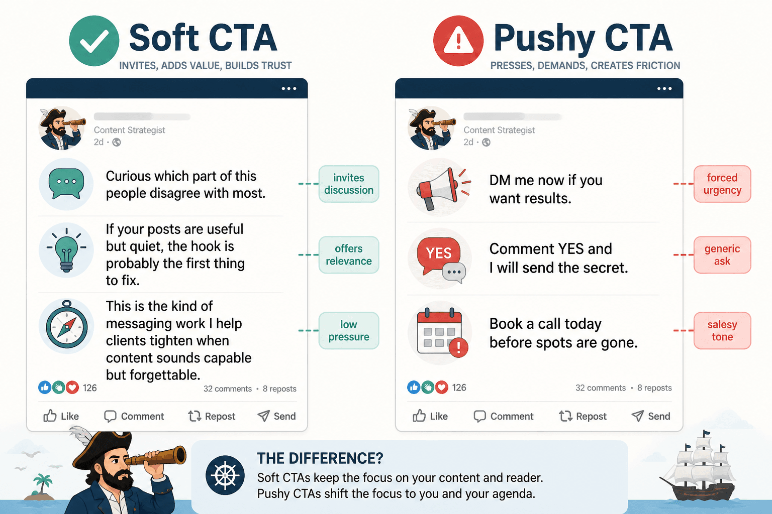 Examples of soft and pushy LinkedIn post endings side by side