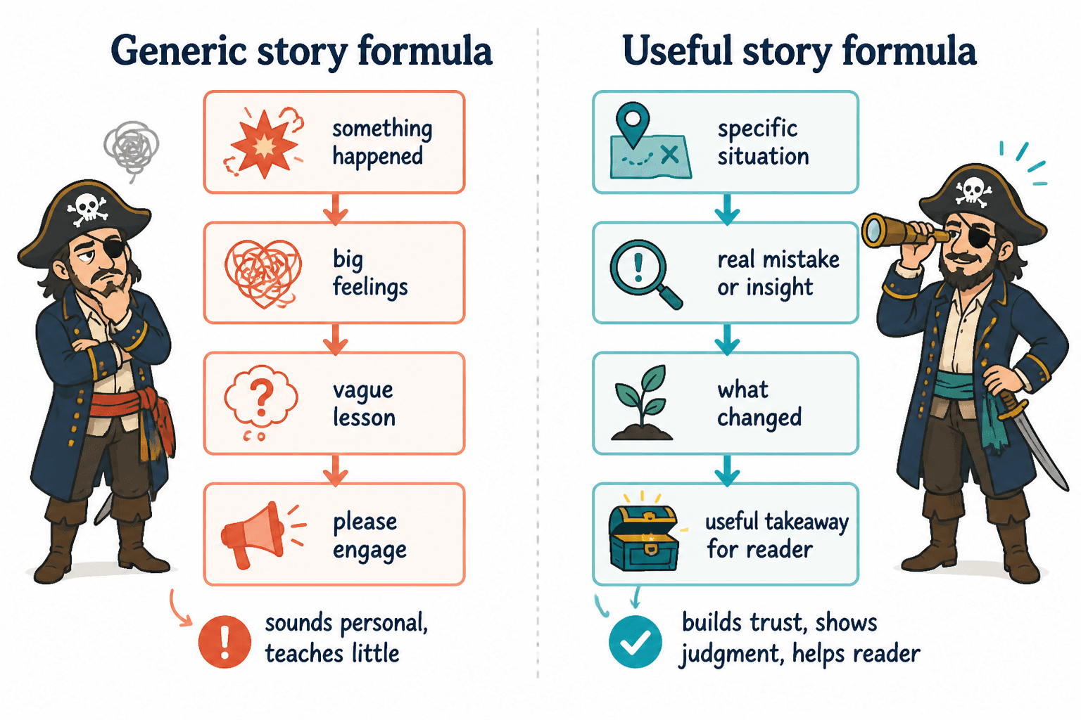 Side-by-side flow showing a generic LinkedIn story formula versus a useful story formula.