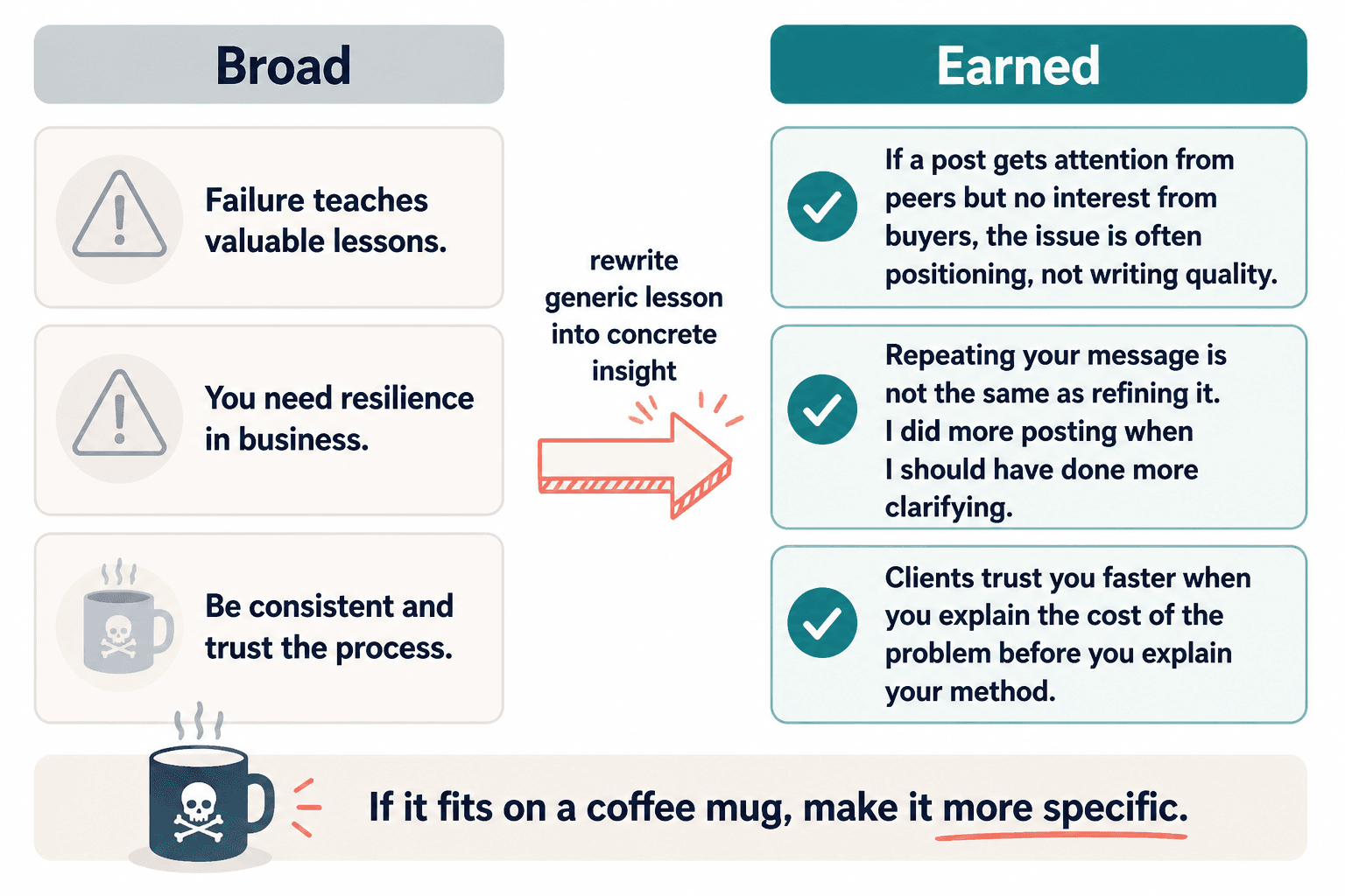 Before-and-after rewrite of a vague lesson into a specific business insight