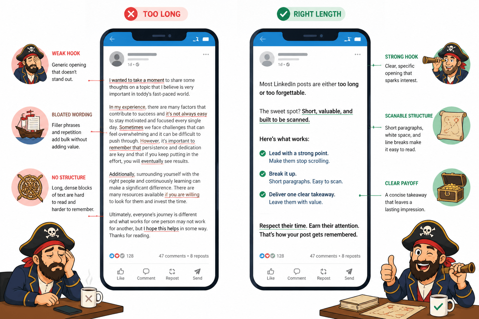 Side-by-side mockup of a bloated LinkedIn post and a tightened, easier-to-scan version