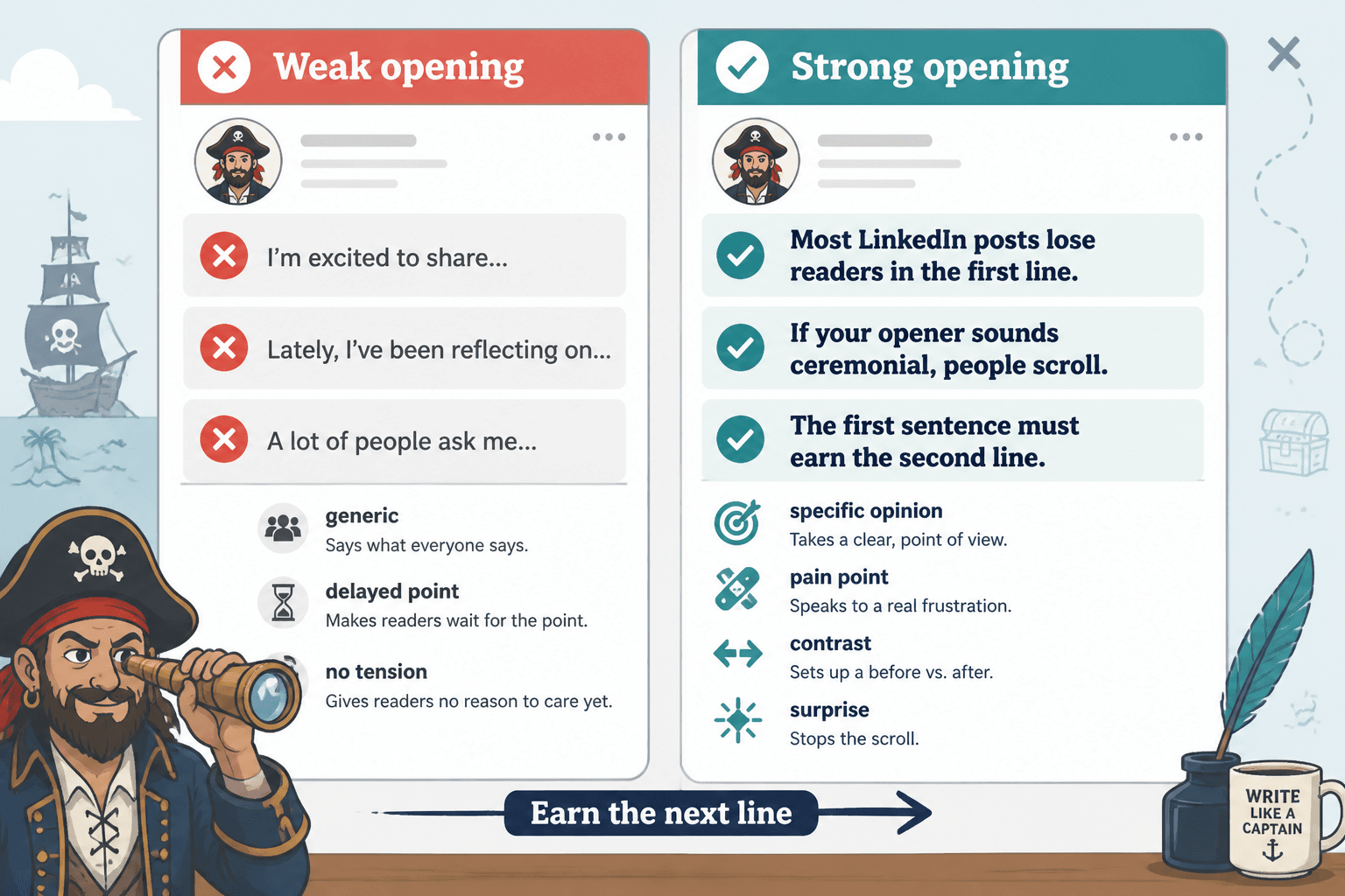 Side-by-side examples of weak and strong LinkedIn post openings