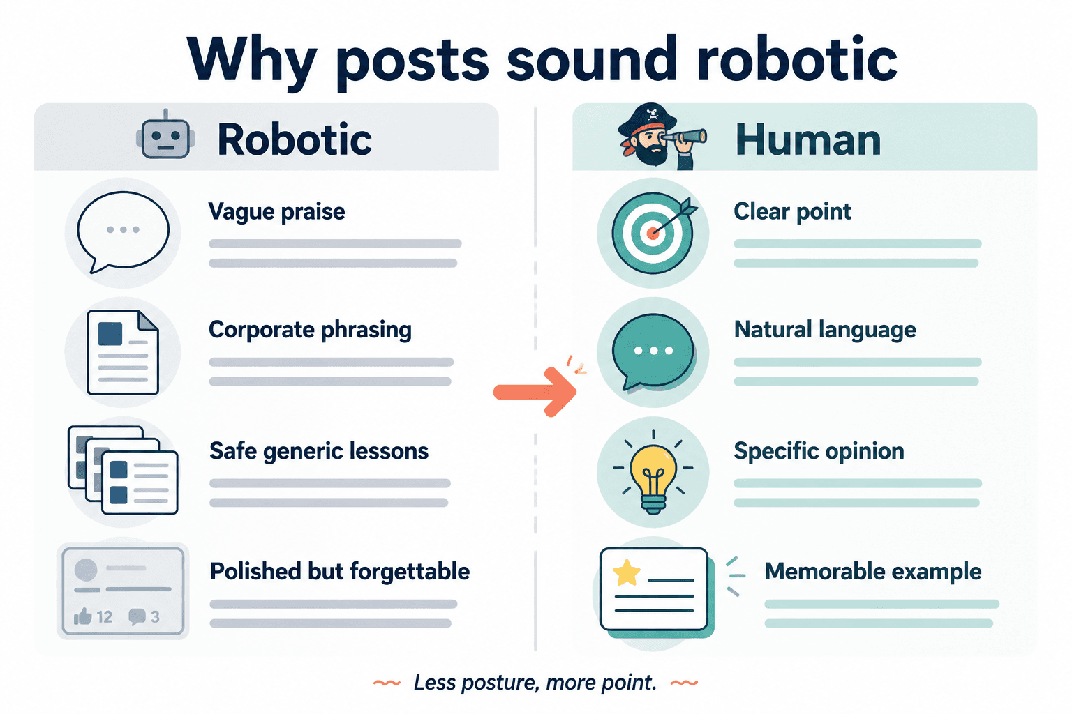 Side-by-side diagram of robotic vs human LinkedIn writing traits