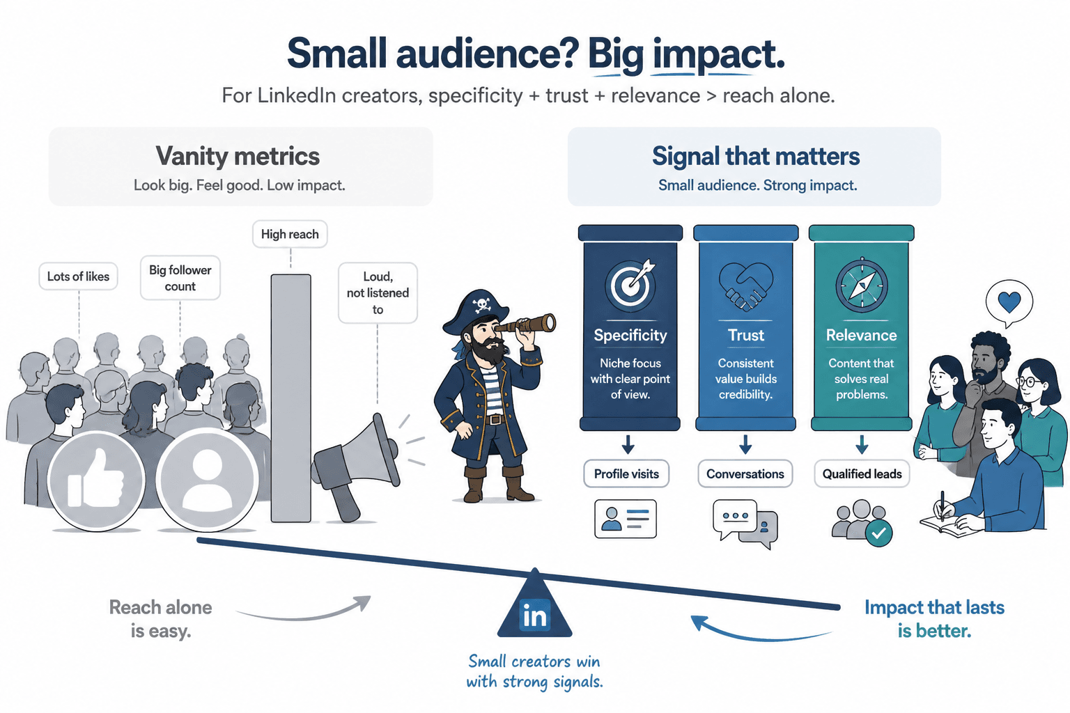 Diagram showing specificity, trust, and relevance outweighing vanity metrics for small LinkedIn creators.