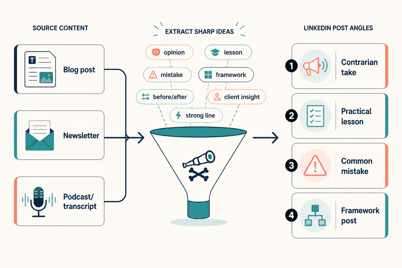 Flow from old content sources to sharper LinkedIn post angles