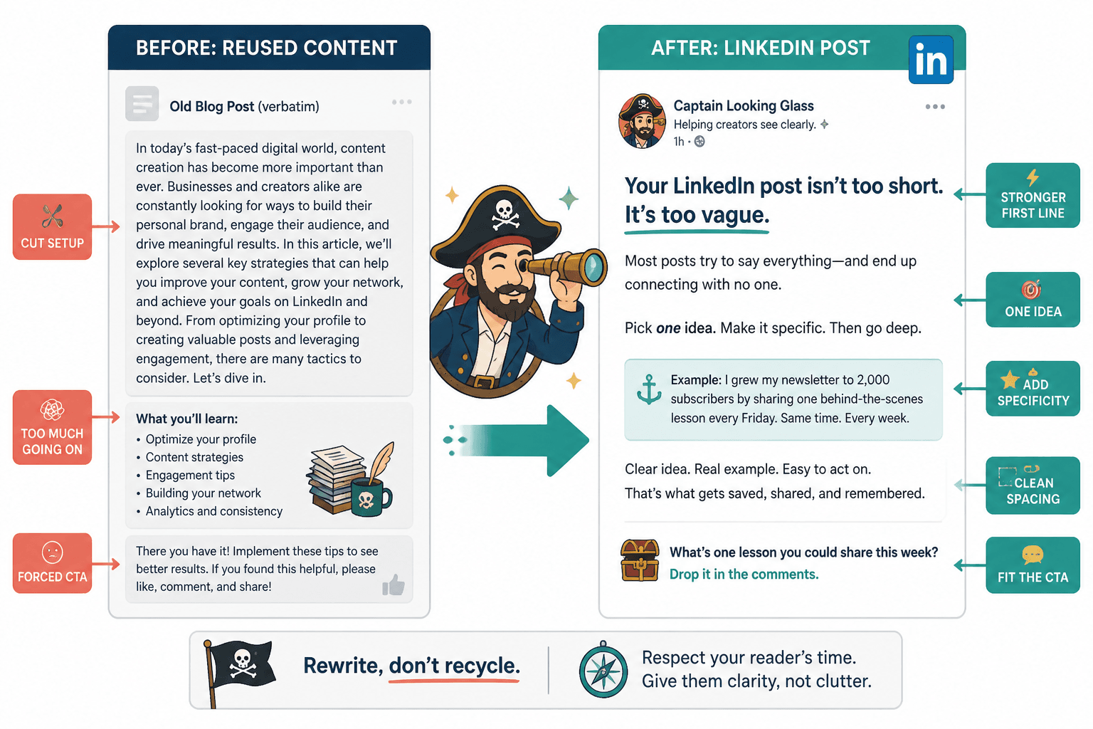 Side-by-side comparison of a cluttered source paragraph and a cleaner LinkedIn post structure