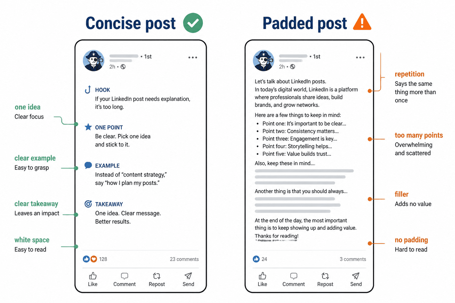 Comparison of concise LinkedIn post structure versus a padded post