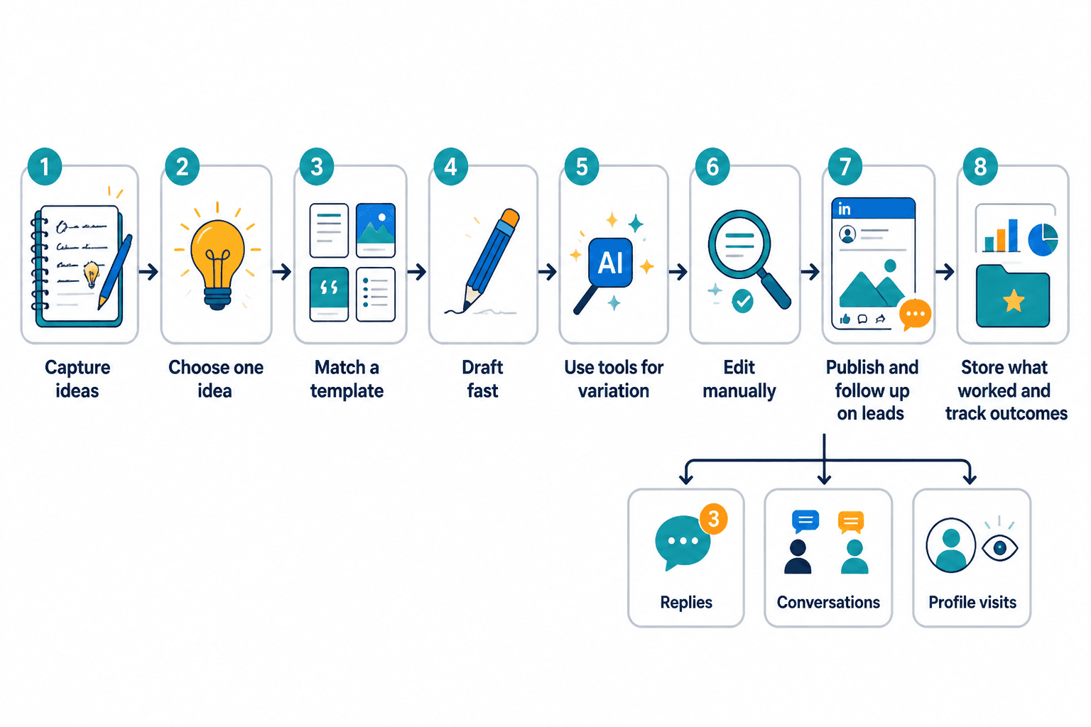 Workflow diagram for creating and following up on a LinkedIn post