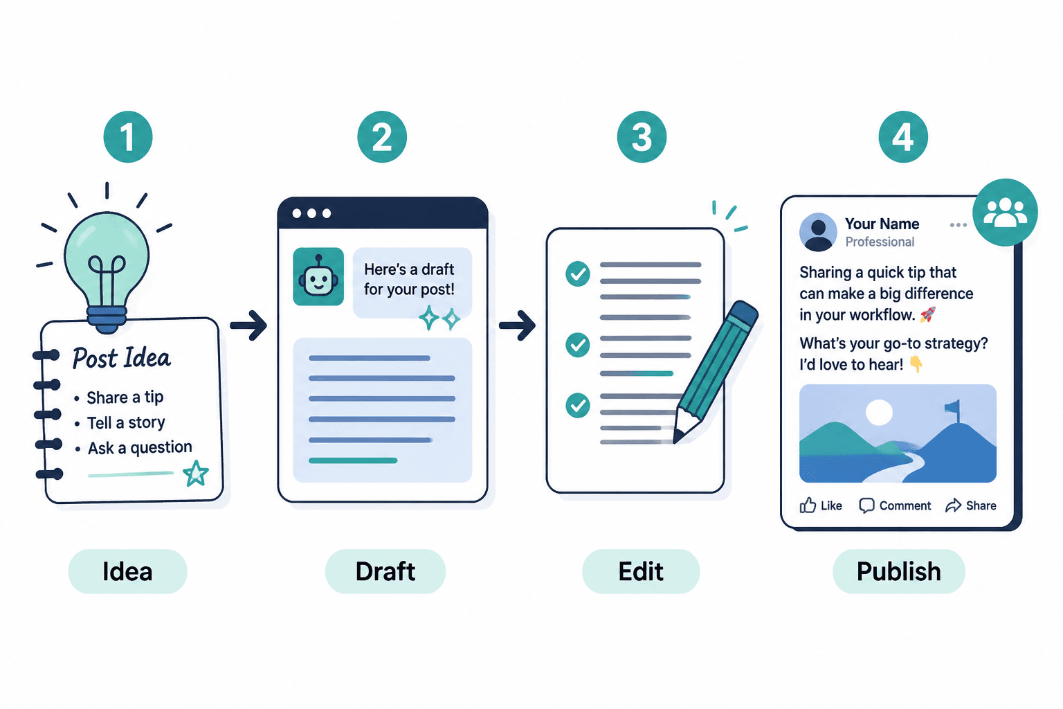 Workflow from idea to AI draft, edit, and LinkedIn publish