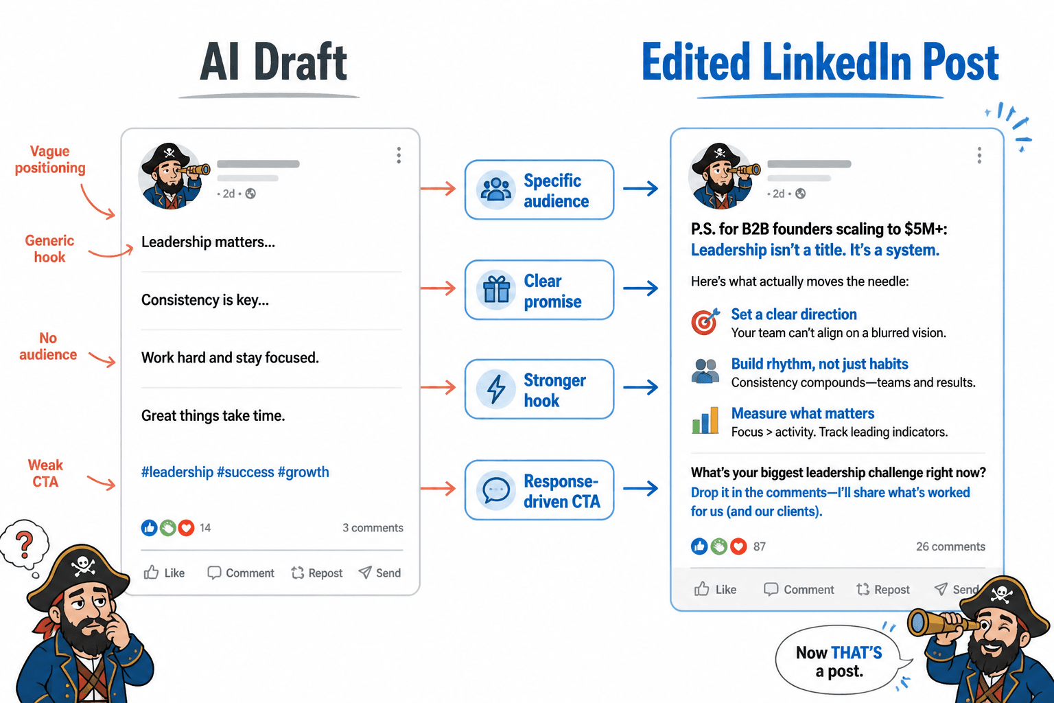 Side-by-side example of an AI draft revised into a sharper LinkedIn post