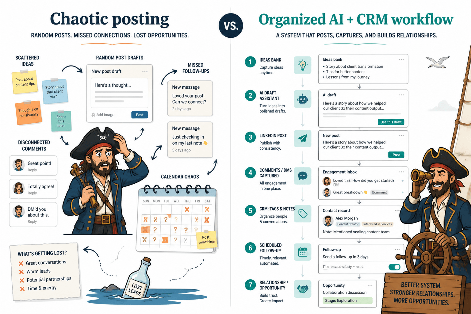 Side-by-side workflow showing chaotic LinkedIn posting versus an organized AI plus CRM system.