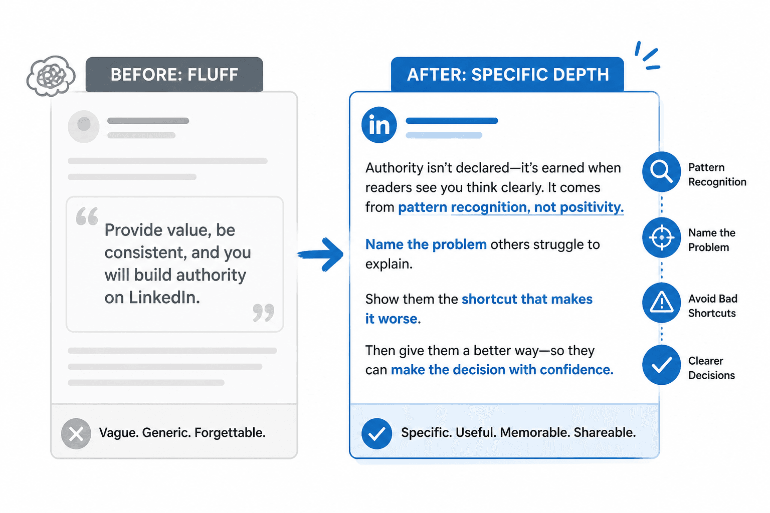 Before-and-after example showing vague LinkedIn advice rewritten into a specific, useful paragraph.