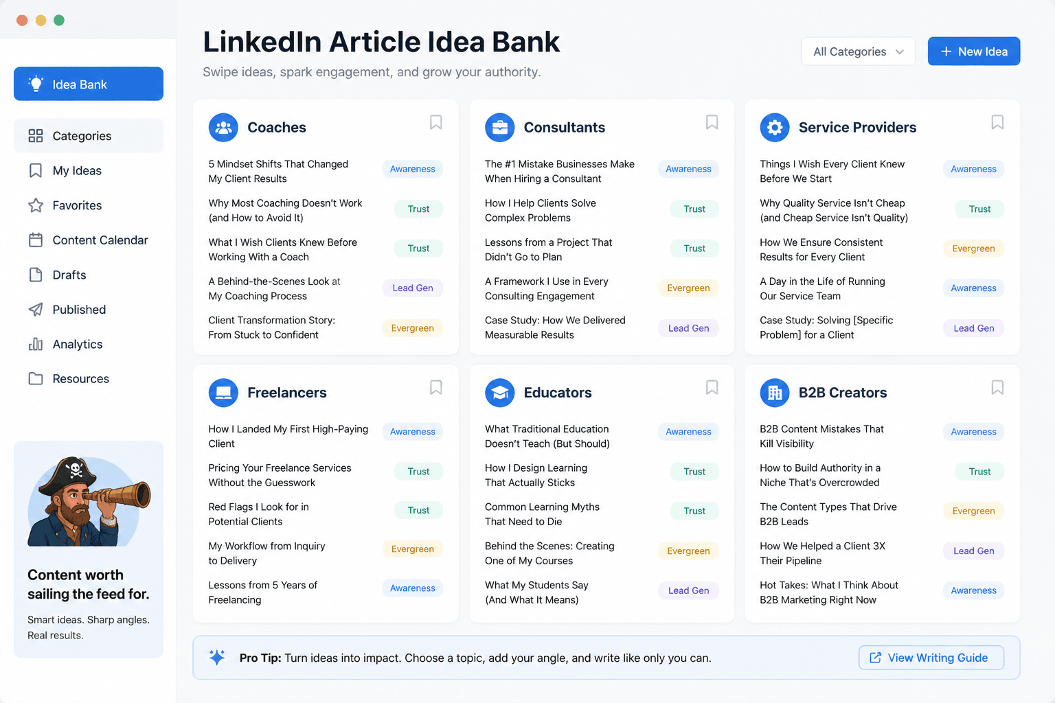 Mock LinkedIn article idea bank grouped by creator category