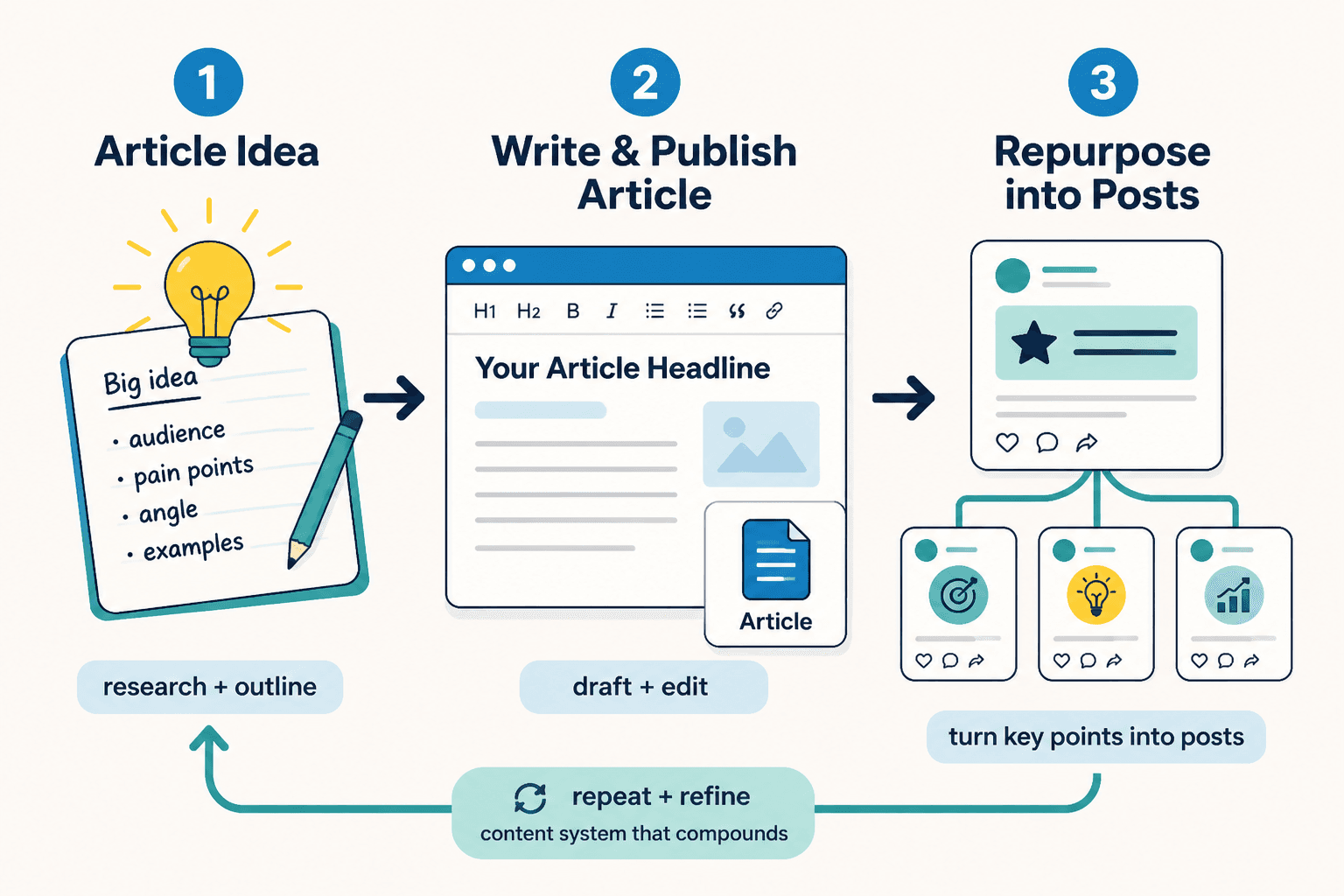 Workflow from article idea to LinkedIn article to repurposed posts