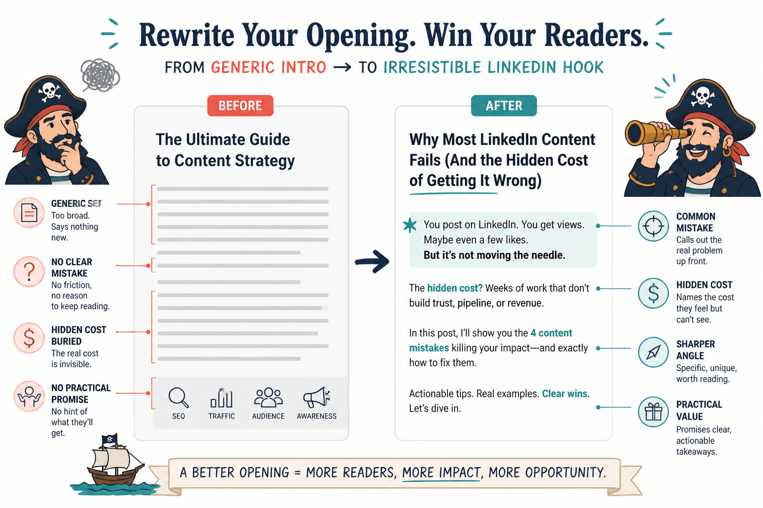 Before-and-after comparison of a generic intro rewritten for LinkedIn
