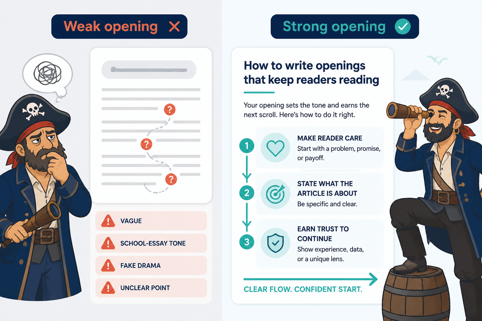 Side-by-side comparison of a vague LinkedIn article intro and a direct, useful intro